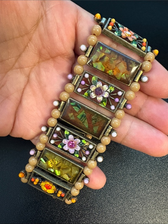 Handmade Jewelry - Gorgeous Floral Mosaic Beaded Statement Stretch Bracelet Beige, Green & Pink
